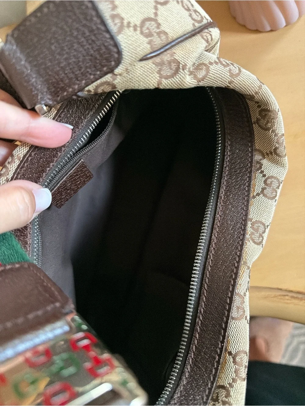 Authentic Gucci Hobo Brown GG Canvas Shoulder Bag with Green-Red Web Strap